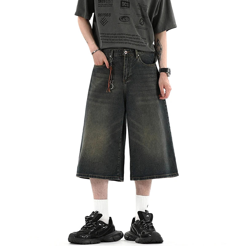 black Baggy Denim 5 Shorts Wide Leg Pants Men Fashion High Waisted Over the knee Jeans Shorts Oversize 6 7 8six-seven point pant ATFH