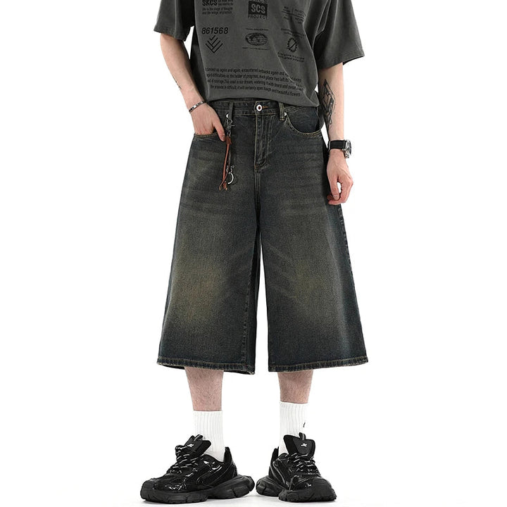 black Baggy Denim 5 Shorts Wide Leg Pants Men Fashion High Waisted Over the knee Jeans Shorts Oversize 6 7 8six-seven point pant ATFH