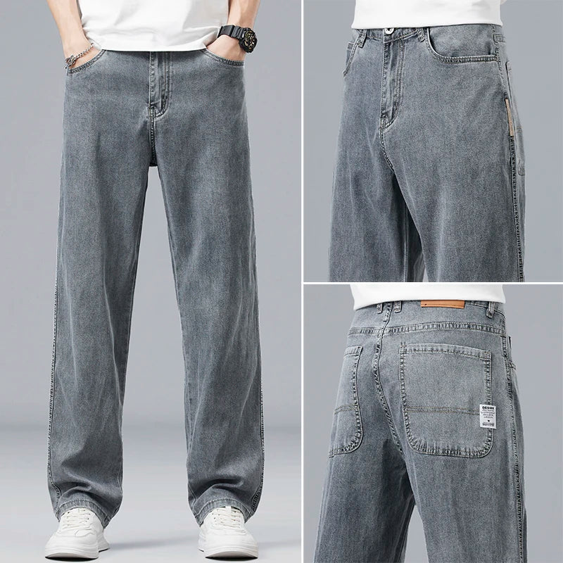 Summer Ultra-thin Lyocell Men's Jeans Drape Soft Fabric Loose Straight Casual Denim Pants Elastic Ice Silk Male Trousers ATFH