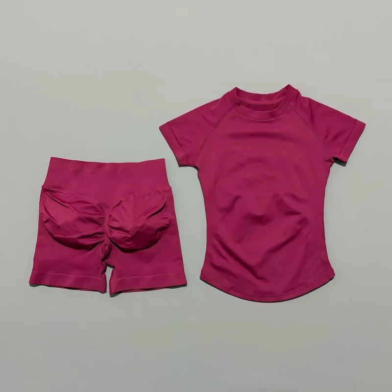 2 Pieces HISTELLO Sports Sets Short Sleeve Seamless Yoga Top Fitness Set Women Workout Running Sports Shorts Gym Suit - ATFH