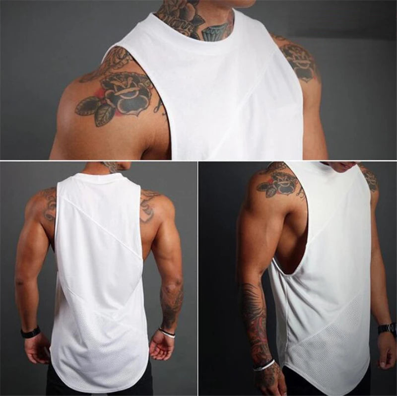 White Sporty Tank Tops Men Gym Fitness Workout Sleeveless Male Stringer Singlets Summer Casual Solid Color Loose Undershirt