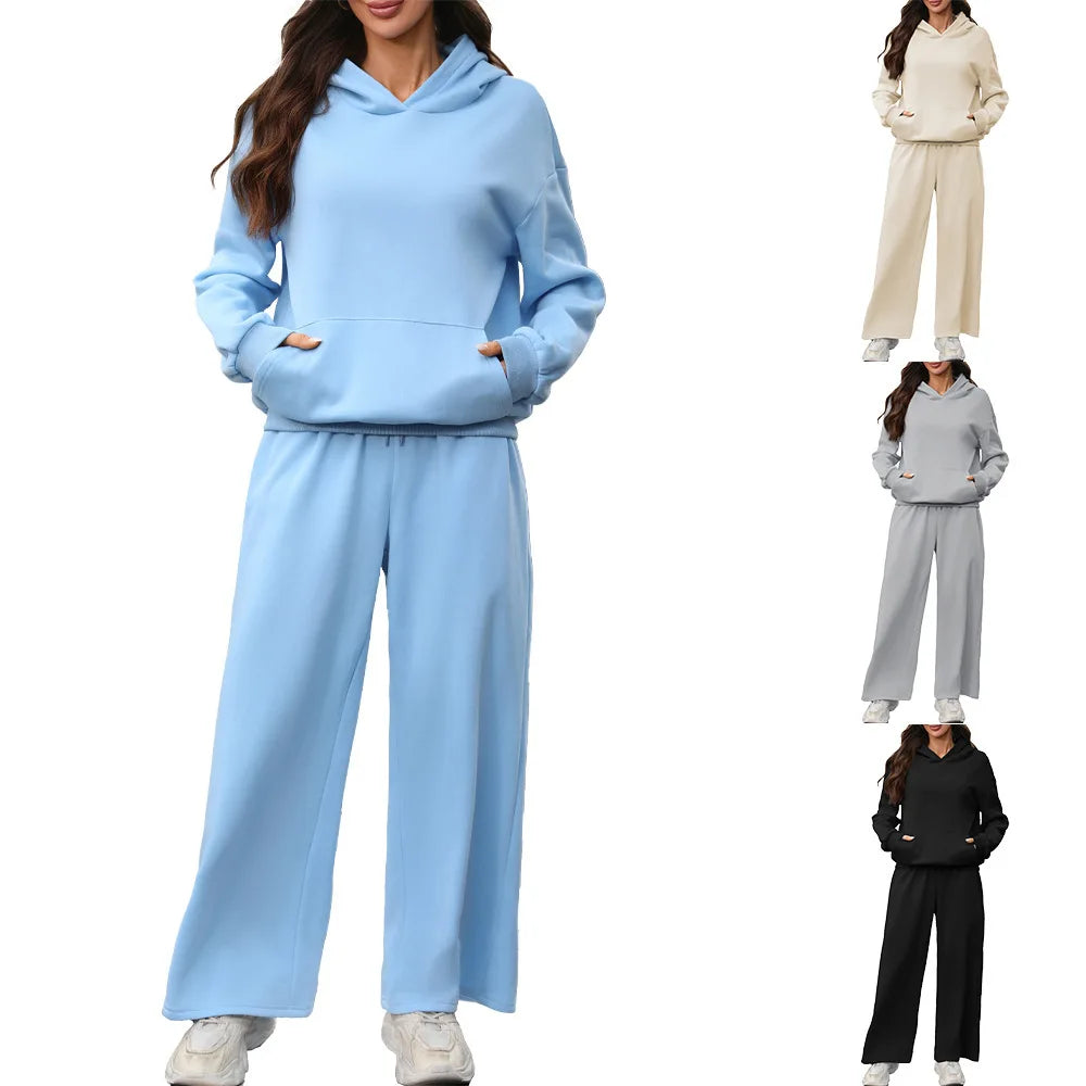 Women's Two-piece Tracksuit Sets Autumn Winter Ladies Casual Thick Hooded Long Sleeve Pullover Hoodie + Wide Leg Sweatpants