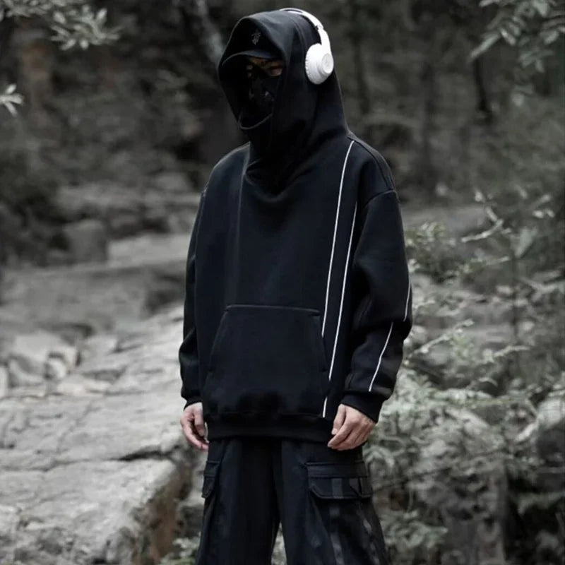 Autumn Men's Windbreaker Turtleneck Hooded Sweatshirts New Japanese Ninja Hoodies Women Line Print Oversized Y2K Vintage Hoodie - ATFH