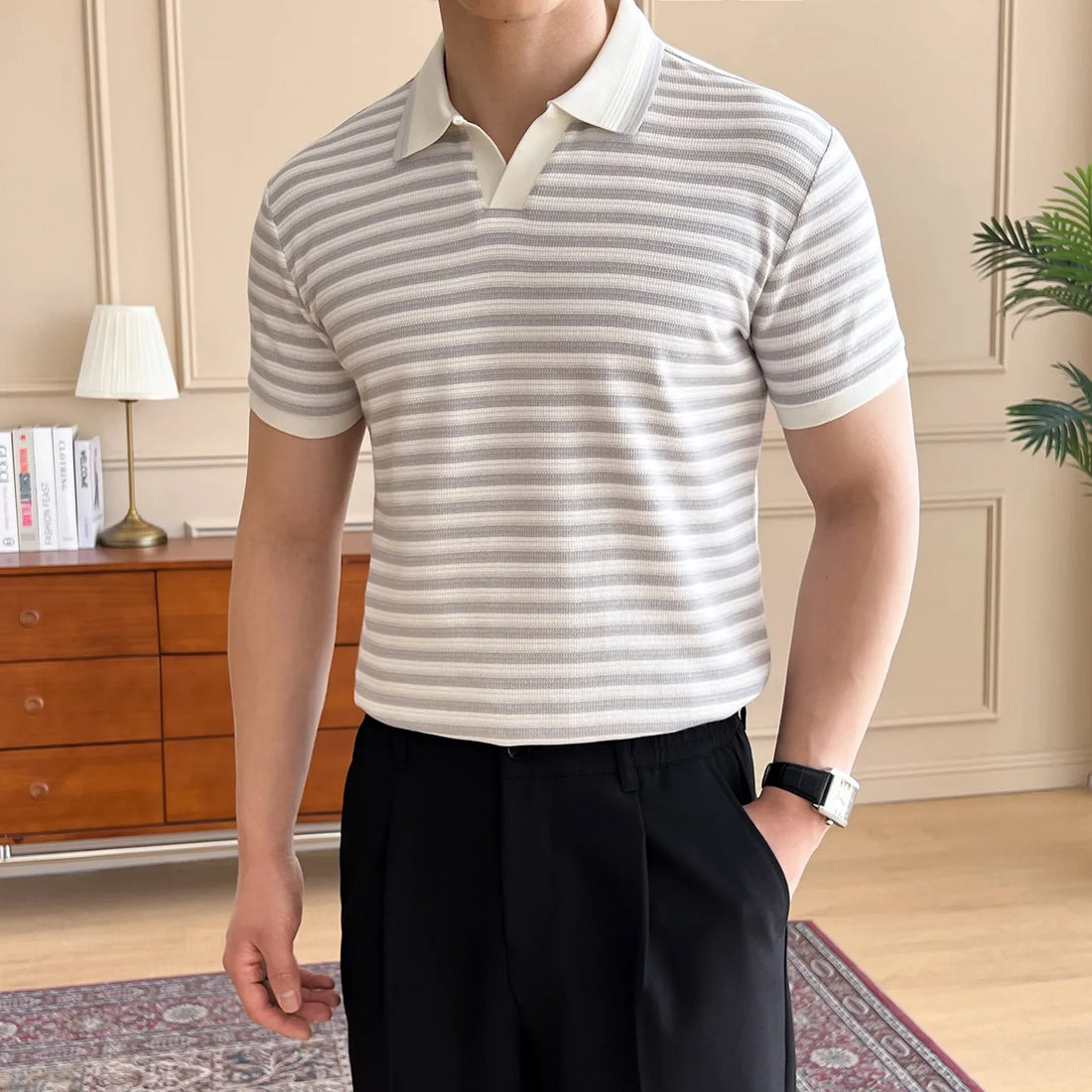 Men's Stripe Polo Shirt, Short Sleeve Breathable T-Shirt with Turn-Down Collar Retro Style Fit  Casual Business Wear 57%cotton