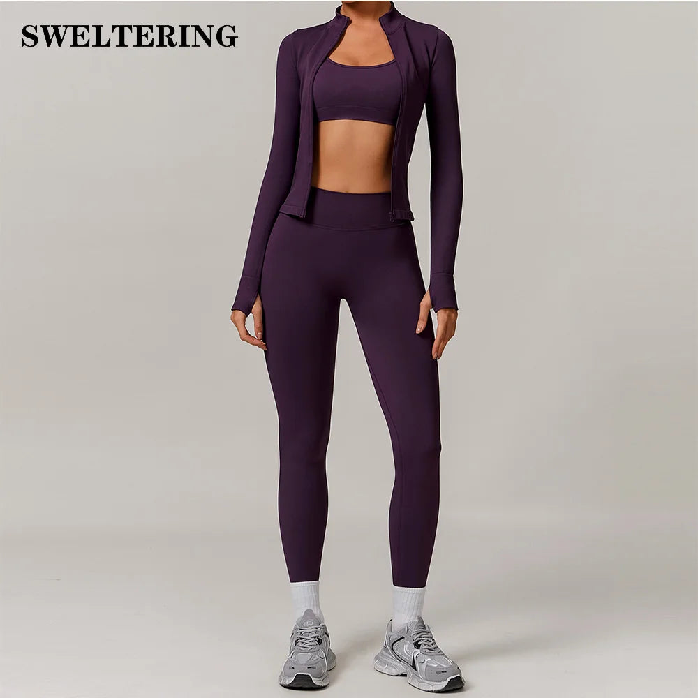 Yoga Set 2/3PCS Gym Clothes Sportswear Yoga Suits For Women Long Sleeve Crop Top Fitness Set Tracksuits Sports Bra Gym Leggings - ATFH