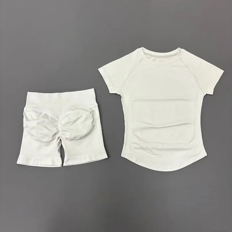 2 Piece Sports Set Women Gym Yoga Set Seamless Fitness Gym Clothes Sportswear Short Sleeve Top Sports Short Leggings Suit - ATFH