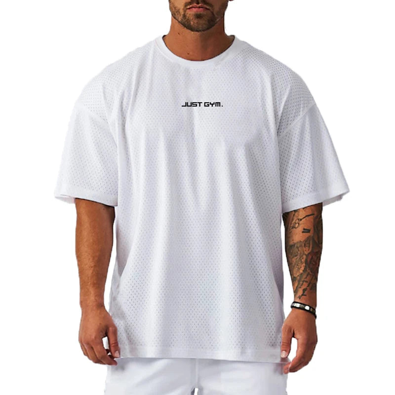 Summer Mesh Breathable Quick Dry Short Sleeve Top Gym Bodybuilding Fitness Training Clothes Oversized Loose Men's Sport T-Shirt ATFH