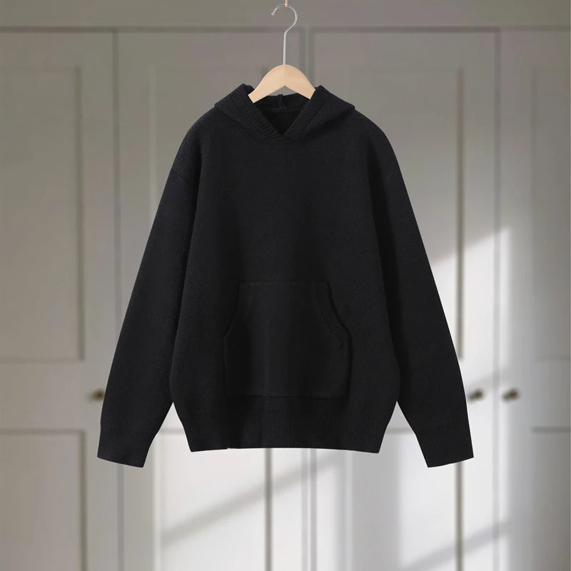 Casual Knitted Women's Sweater Hooded Solid Loose Pocket Lady Sweaters 2025 New Autumn Winter Fashion Female Street Outwears - ATFH