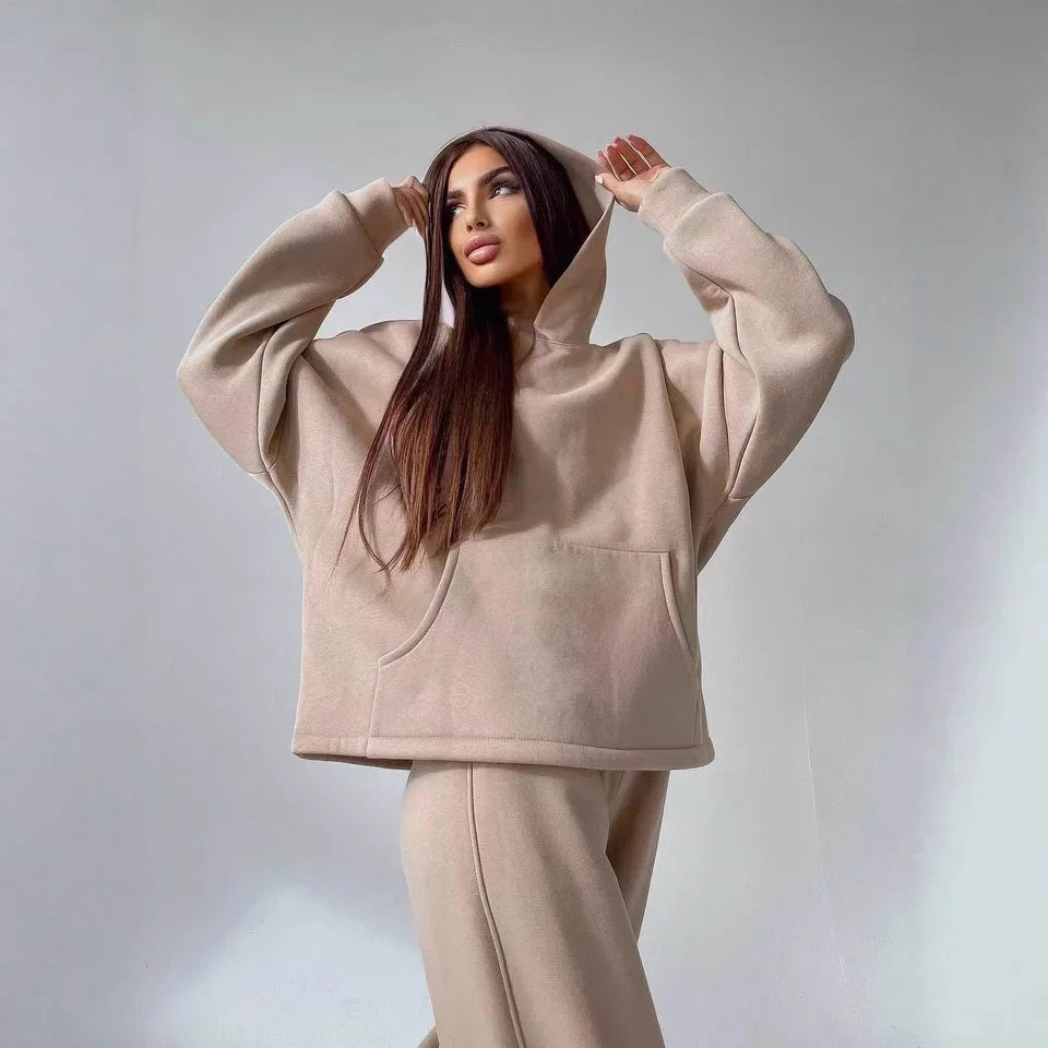 2025 New Autumn Winter Hooded Pocket Loose Sweatshirt Set Women Multi Color Options Casual Sport Two Piece Outfit