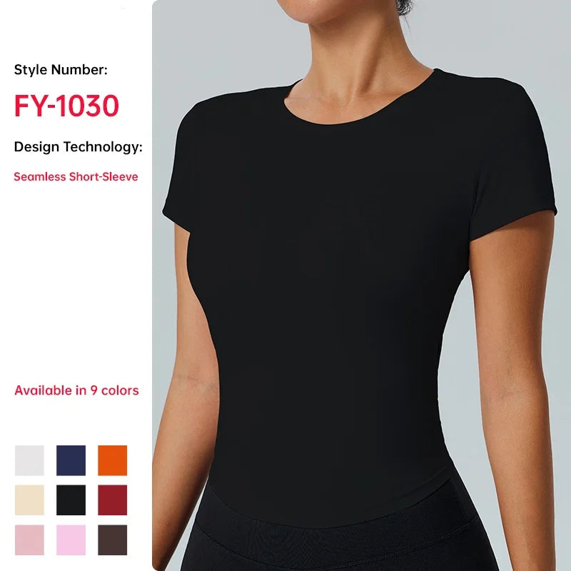 Women's Outdoor Fitness Yoga Top Round-Neck Short Sleeve Quick-Dry Compression T-Shirt for Running and Yoga - ATFH