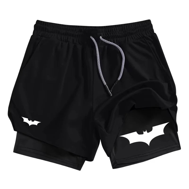 Men's Bat Print 2-in-1 Performance Shorts, Breathable Quick Drying Sports Shorts with Phone Pocket, Gym, Training, Running,