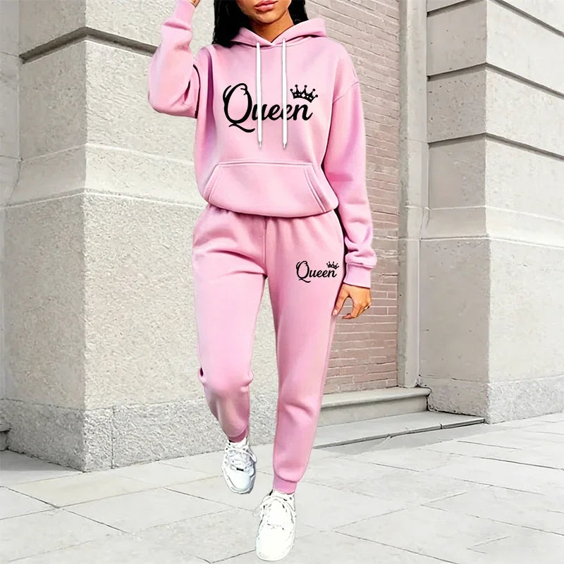 Autumn Winter Women's Outfits Queen Printing Casual Hooded Sweatshirts 2 Pcs Suit Outdoors Fashion Clothing Quality Pants Sets