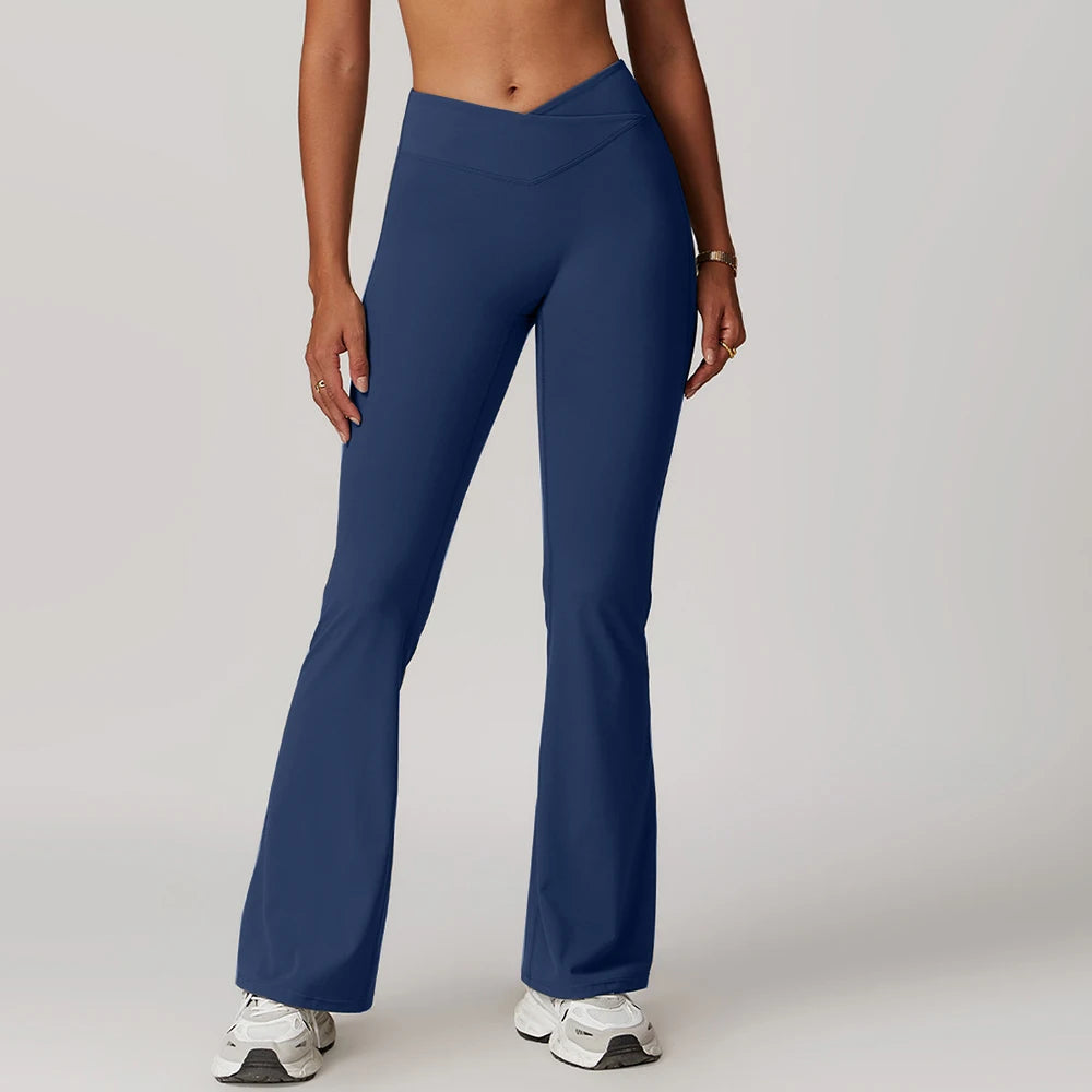 Gym Leggings Women High Waist Flared Pants Cross Waist Sport Tights Ladies Push Up Fitness Leggin Workout Clothes ATFH