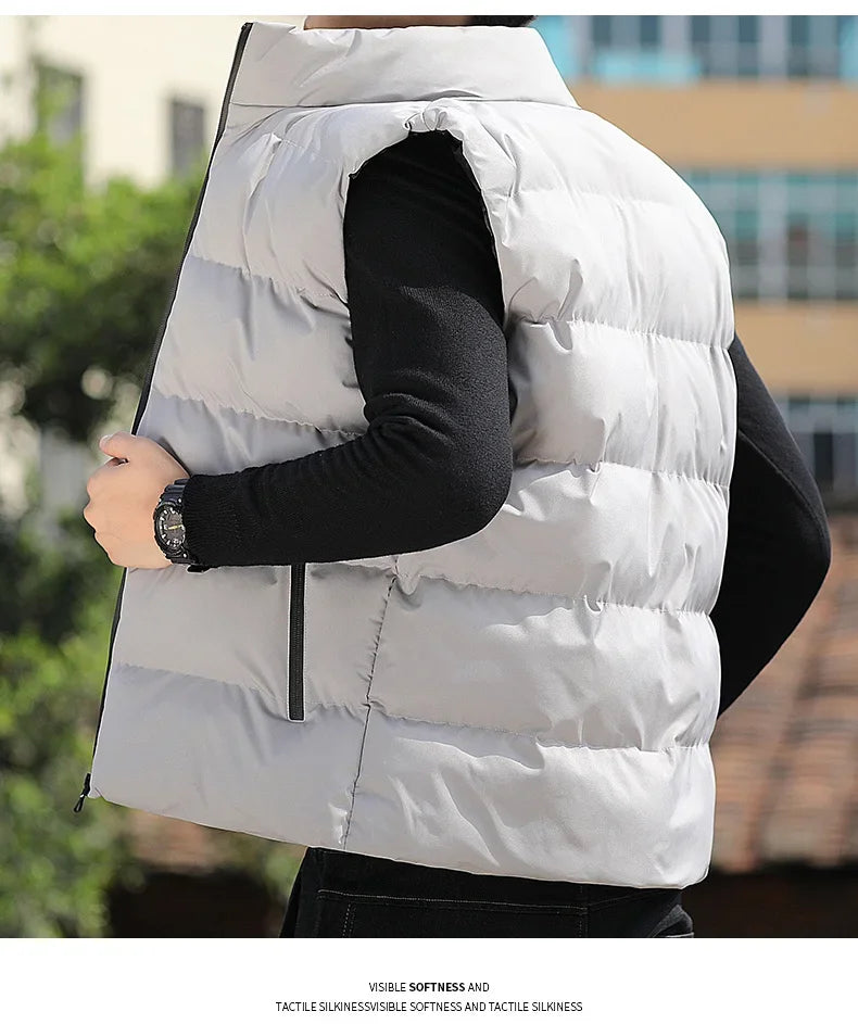 New Men's Gray Vest Warm Sleeveless Jackets Winter Windproof Zipper Coat Autumn Stand-up Collar Casual Waistcoat Brand Clothing ATFH