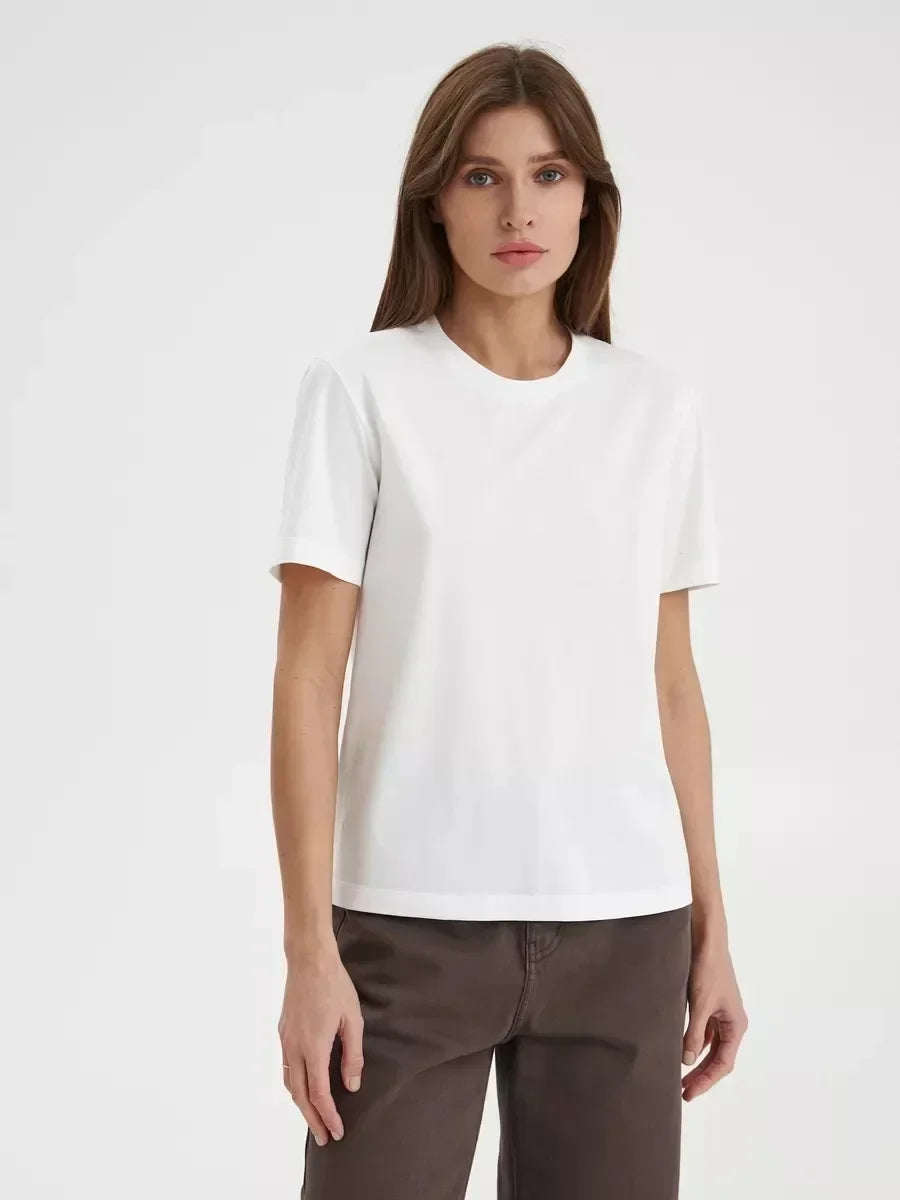 Sumuyoo Summer 100% Cotton Women's T-shirt Bottoming Basic Fashionable Lady Short Sleeve Loose Tops Shirts Solid 230g/㎡ Tops - ATFH