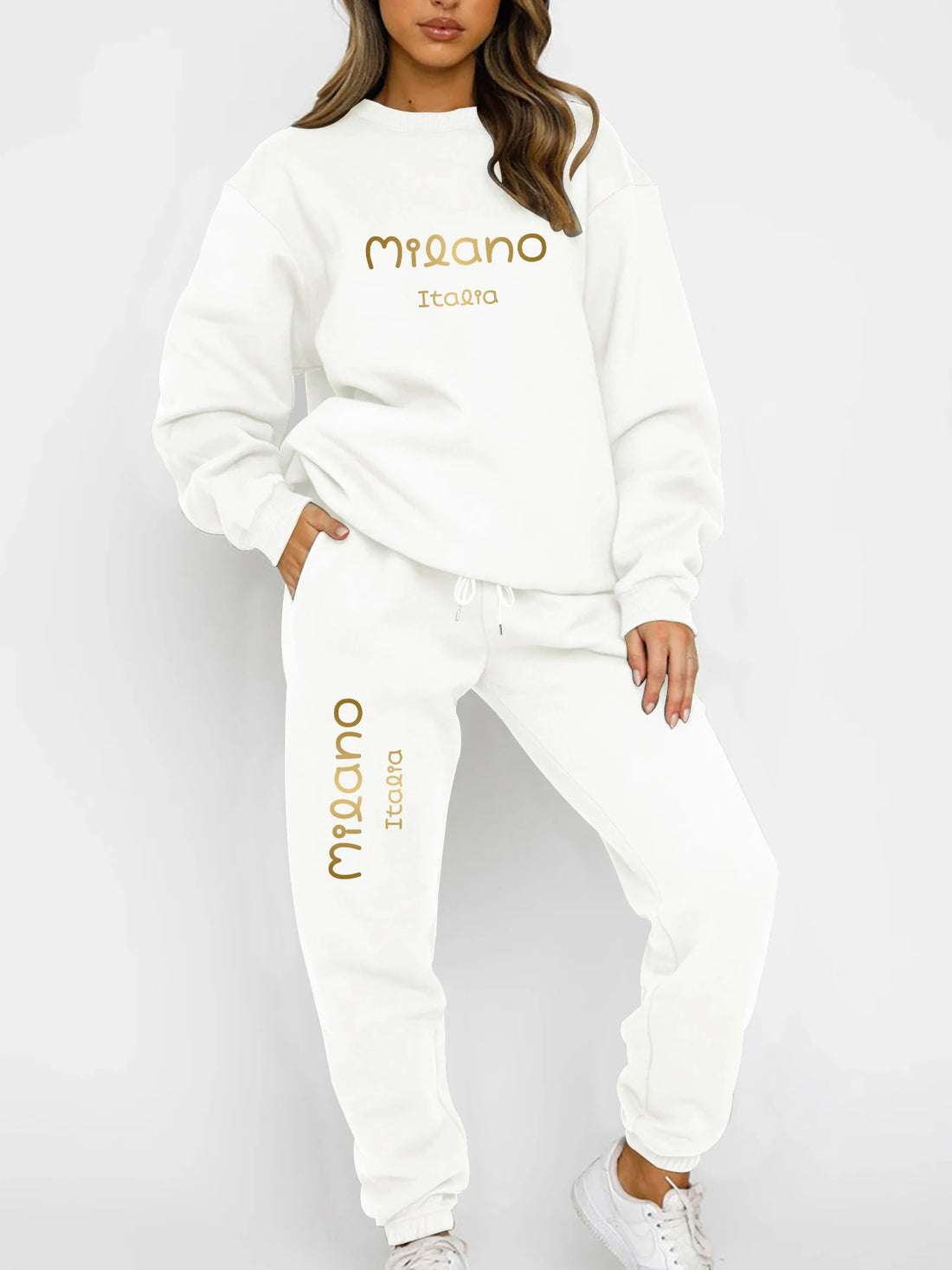 Autumn and Winter Essential Fleece-Lined Thickened Crewneck Sweatshirt Set, European and American Trendy Couple's Sweatshirt and Sweatpants Two-Piece Set, Women's Loose Oversize Sweatshirt + Long Pants, Long-Sleeve Regular Fi