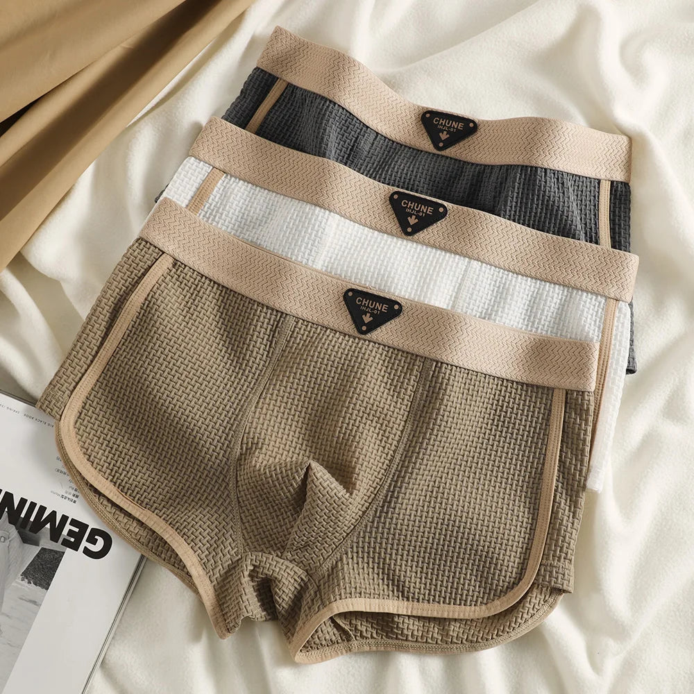 3PCS/Pack Fashion Ice Silk Knitted Plaid Boxers Breathable Comfort Mesh Crotch Underpants Super Soft High Elastic Men's Panties