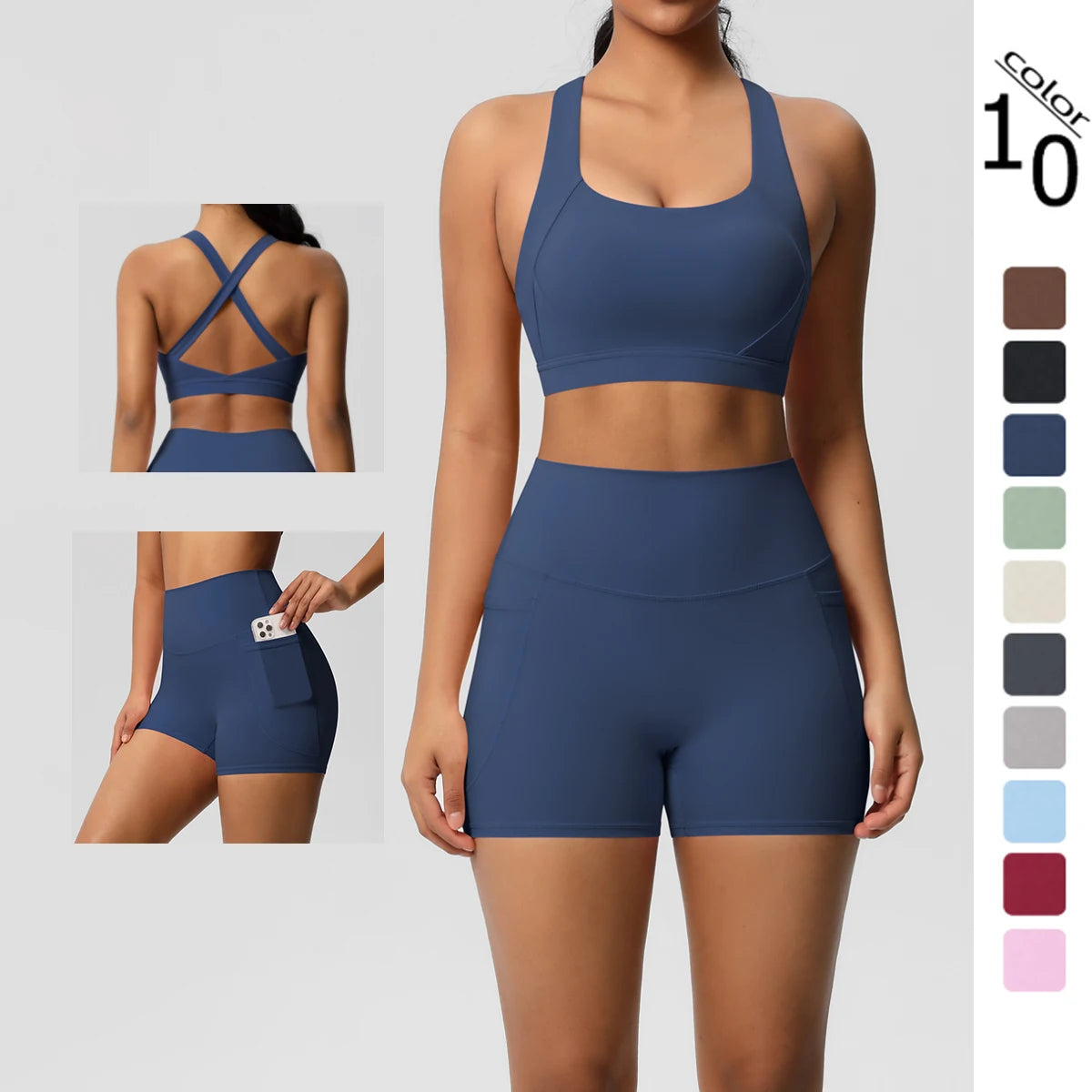 2PCS Sportswear With Pocketed Yoga Set Gym Clothes Yoga Suits For Women Tracksuits Sports Shorts Crossover Bra Gym Leggings - ATFH