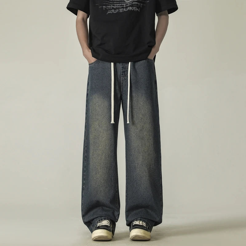 full length men's oversize y2k black big boys jeans for man washed straight leg casual loose wide baggy pants Men trousers denim ATFH