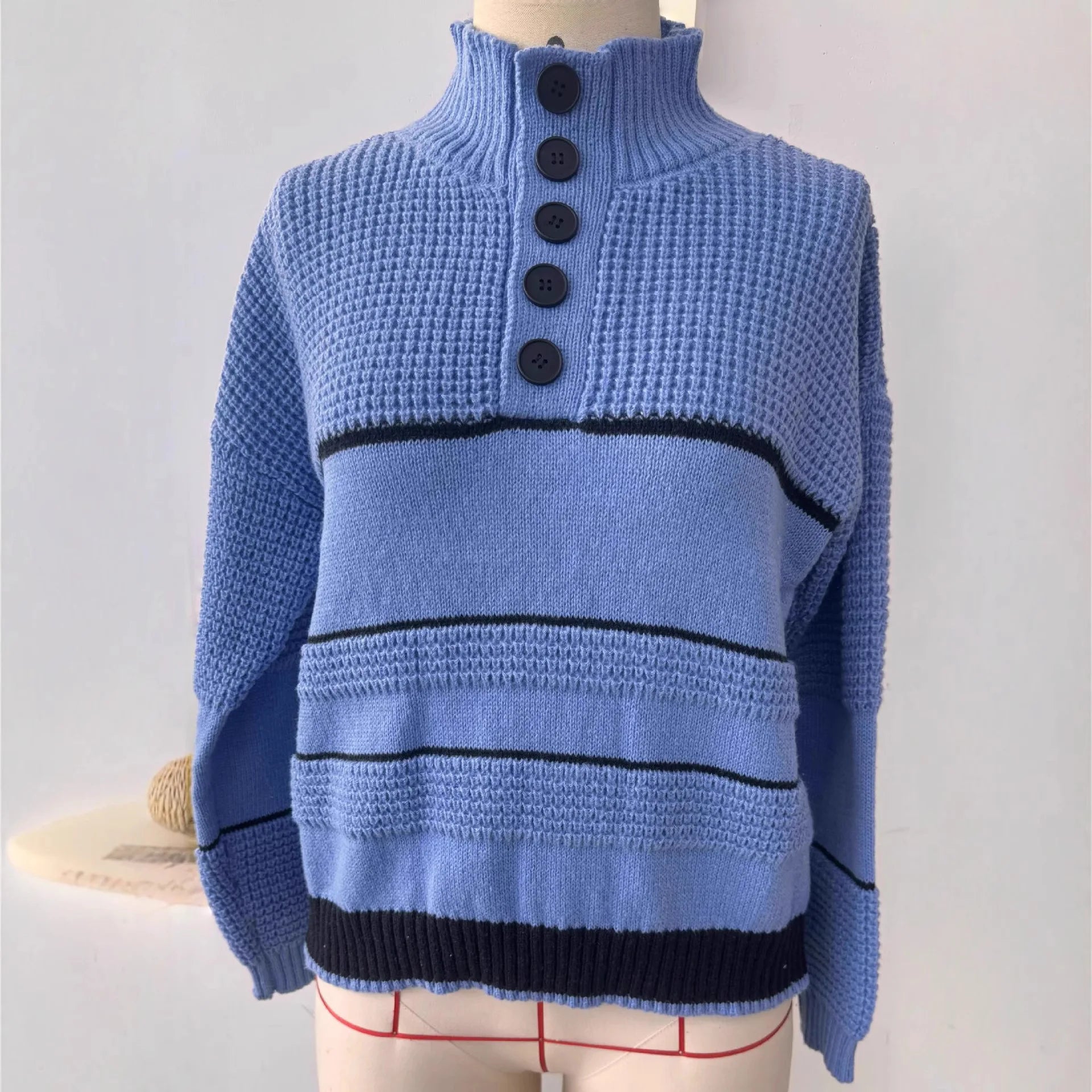Women's Half Cardigan Contrast Casual Polo Pullover Sweater - ATFH