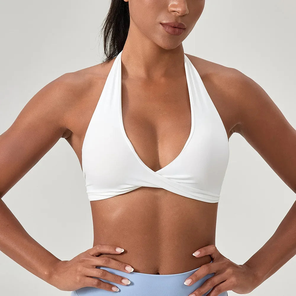 Strappy Bra for Women Open Back Halter Sports Bra Light Support Gym Crop Top Seamless Workout Yoga Top Bra Padded Bras - ATFH