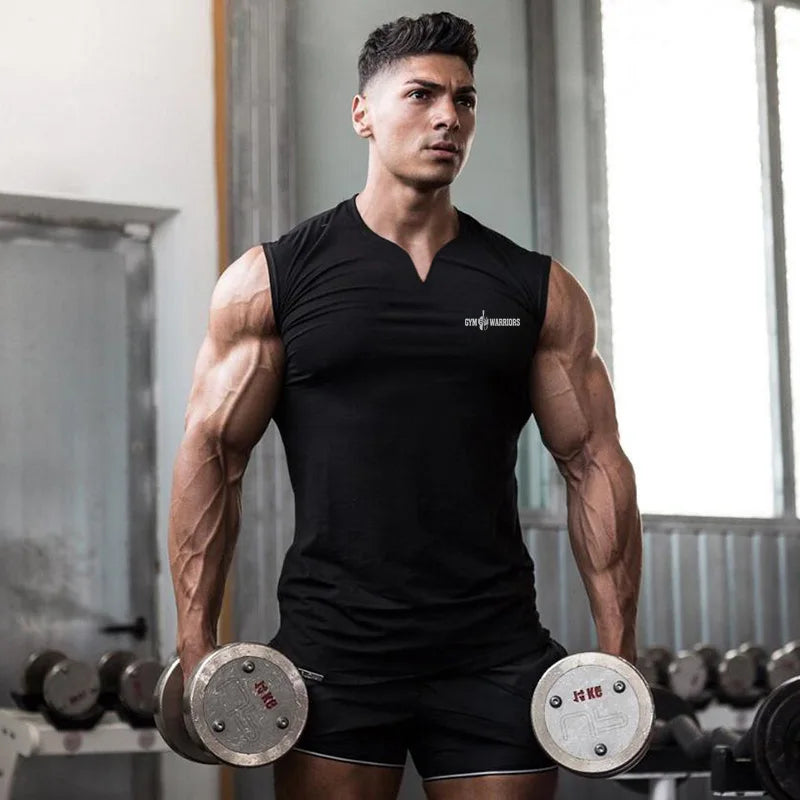 Compression Sleeveless T-Shirts Gym Clothing V Neck Fitness Mens Tank Tops Cotton Bodybuilding Stringer Singlets Workout Vests
