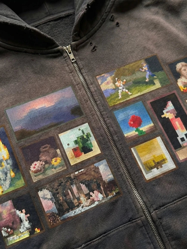 Y2K Retro Gallery Hoodie Brown Pixel Painting Art Pattern Zip Up Sweatshirt Trendy Classic Streetwear Unisex Oversize Clothing - ATFH