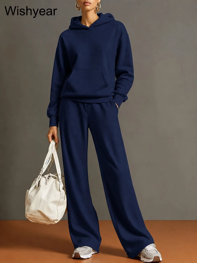 Gray Women’s Cozy Hoodie Set Long Sleeve Hooded Top Wide Leg Pants Casual Sporty Street Travel Fall Winter Two Piece Outfit