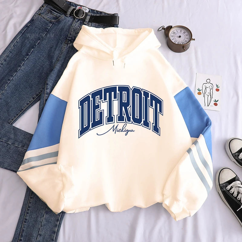 American Retro DETROIT Letter Print Hoodies For Men Women Harajuku Pullover Clothes Hip Hop Y2k Long Sleeve Pullover Sweatshirts - ATFH