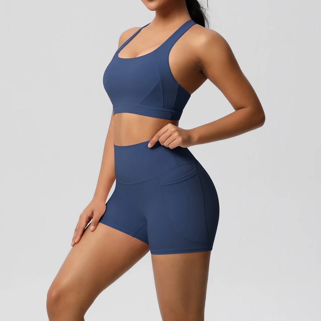2PCS Sportswear With Pocketed Yoga Set Gym Clothes Yoga Suits For Women Tracksuits Sports Shorts Crossover Bra Gym Leggings - ATFH