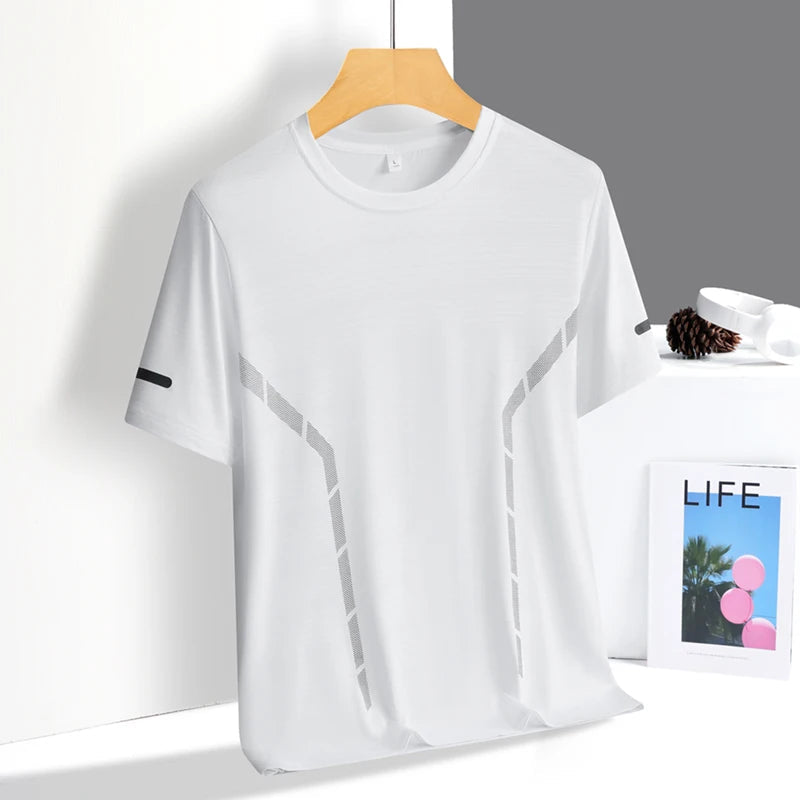 Running T-shirt Men Summer Ice Silk Thin Top Reflective Printing Quick Dry Short Sleeve Breathable Fitness Sports T-shirt 5XL ATFH