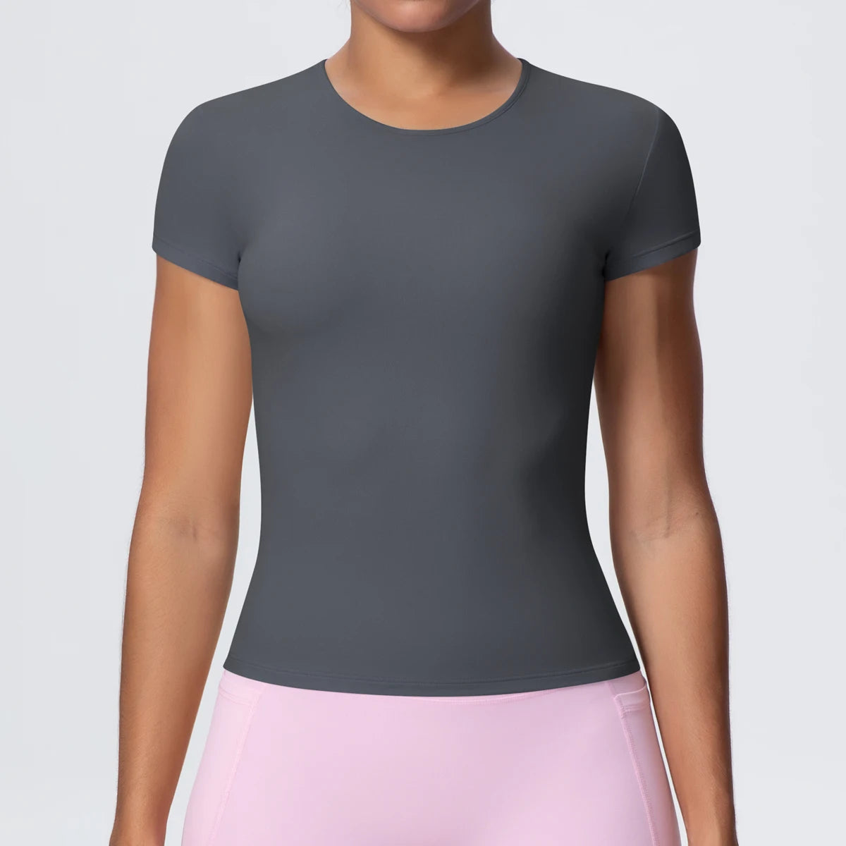1 PC Solid Color Scrunch Slim Casual Yoga T-Shirt Gym Sports Running Shirts for Woman Fitness Training Breathable Naked Feel Top - ATFH
