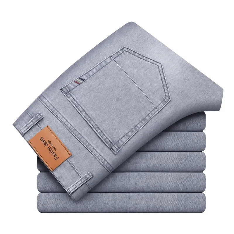 Summer Thin Men's Cotton Jeans New Fashion Gray Elastic Straight Business Casual Pants Comfortable Brand Trousers ATFH