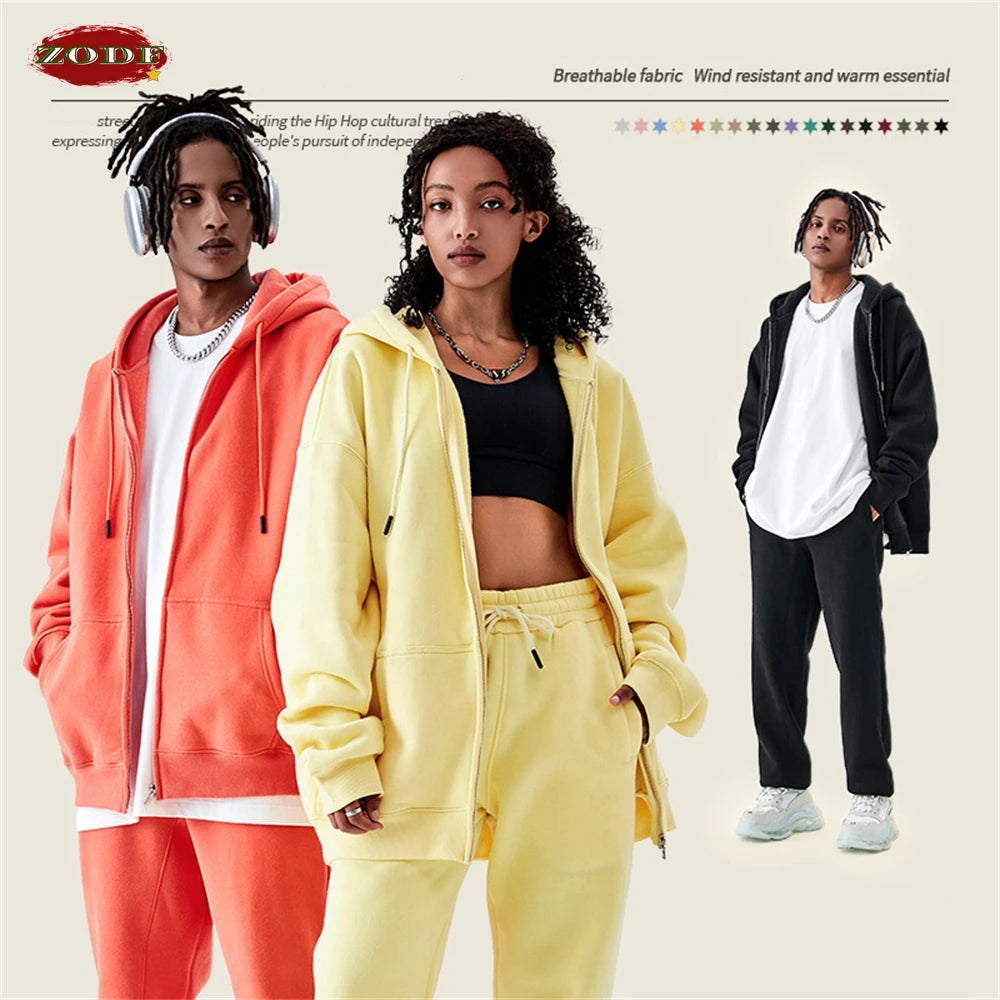 ZODF Basic Winter Men Fleece Zipper Hoodies Unisex Casual Loose 350gsm Warm Solid Hooded Sweatshirts Coats 18 Colors HY0726 - ATFH