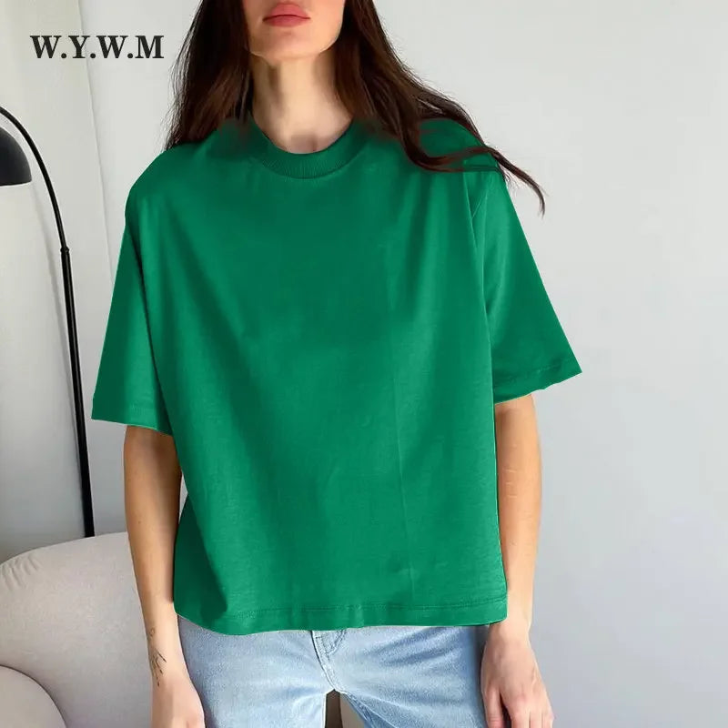 WYWM 100% Cotton Tshirts Women 2024 Summer Harajuku Solid Basic T Shirts Loose Casual O Neck Tees Green Soft Female Tops - ATFH