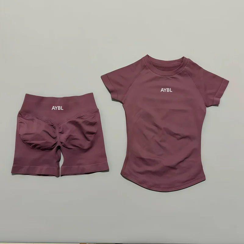 2 Pieces Sports Sets Short Sleeve Sculpt T Shirt Seamless Yoga Top Fitness Set Women Workout Running Sports Shorts Gym Suit - ATFH