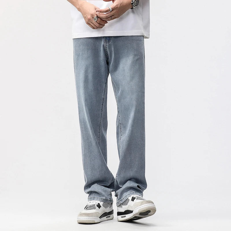 190cm Tall Man Jean Lyocell Wide Leg Denim Pant Male Extra Long Length 115cm 120cm Summer Big Clothes Light Stretch Straight Fit ATFH