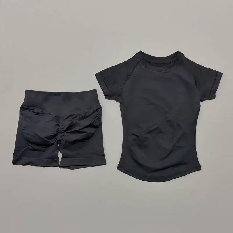 2 Piece Sports Set Women Gym Yoga Set Seamless Fitness Gym Clothes Sportswear Short Sleeve Top Sports Short Leggings Suit - ATFH