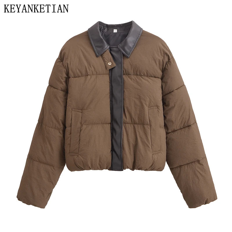 KEYANKETIAN Winter New Women's PU Leather Patchwork Lapel Contrasting Color Placket Zipper Cotton Jacket Women Bread Jacket ATFH