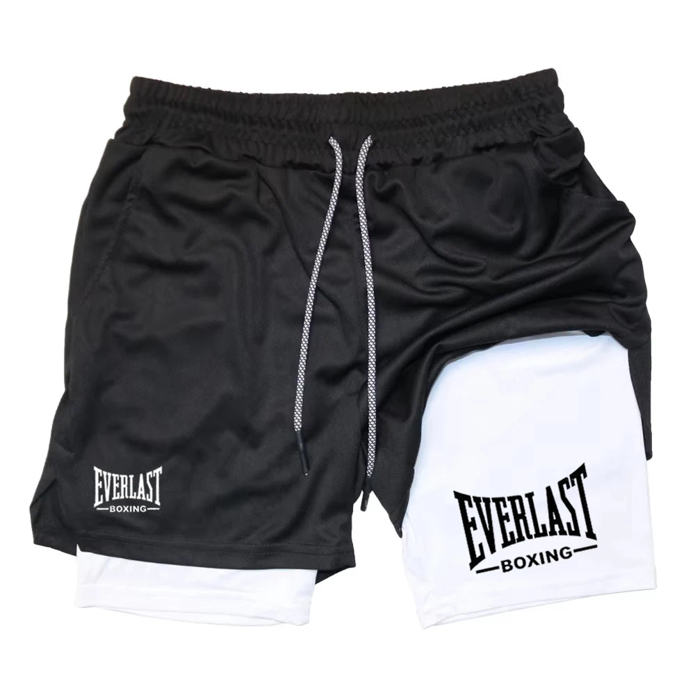 Men's Compression Gym Shorts, EVERLAST Printed Sports Pants, Double Layered, Quick Drying, Basketball, Muscle, Fitness RL0365