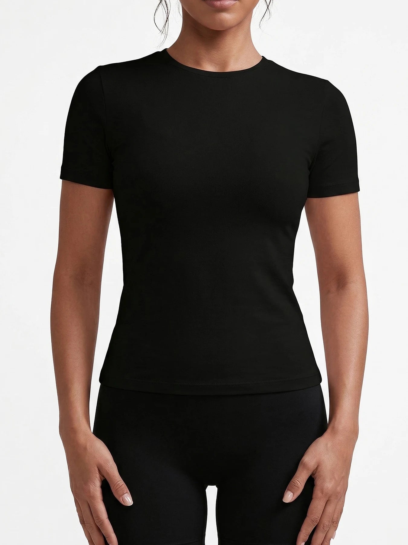 Women's Casual Solid Color Black and White Short-Sleeve T-Shirt Top - ATFH
