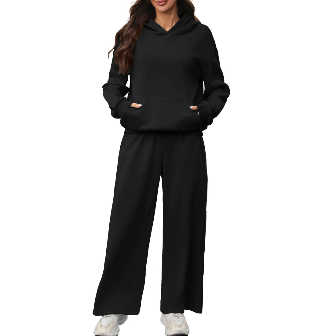 Women's Two-piece Tracksuit Sets Autumn Winter Ladies Casual Thick Hooded Long Sleeve Pullover Hoodie + Wide Leg Sweatpants