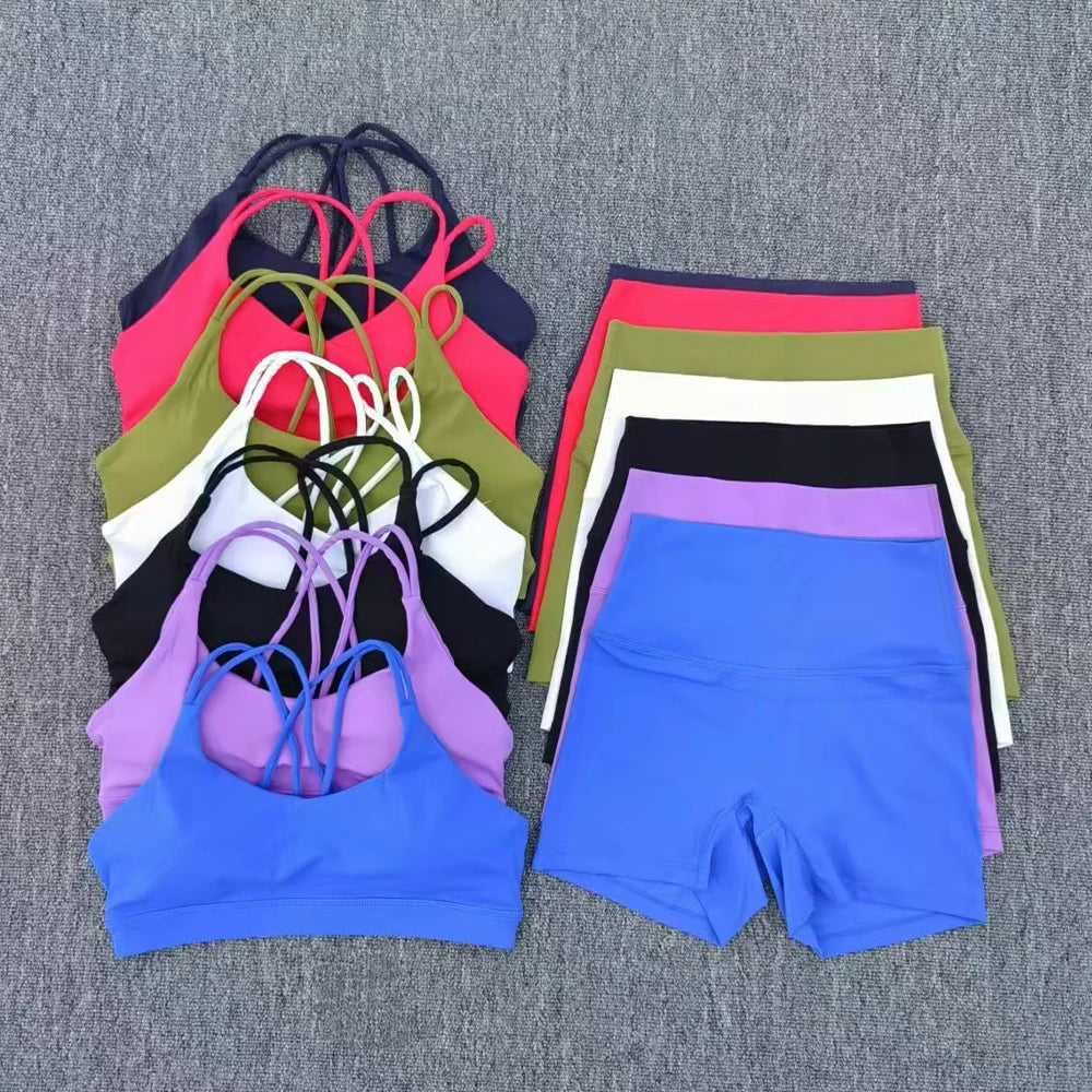 Yoga Shorts Set Gym Sports Set Women Workout Outfit Fitness Suit Cross Straps Bra High Waist Shorts Running Tracksuit - ATFH