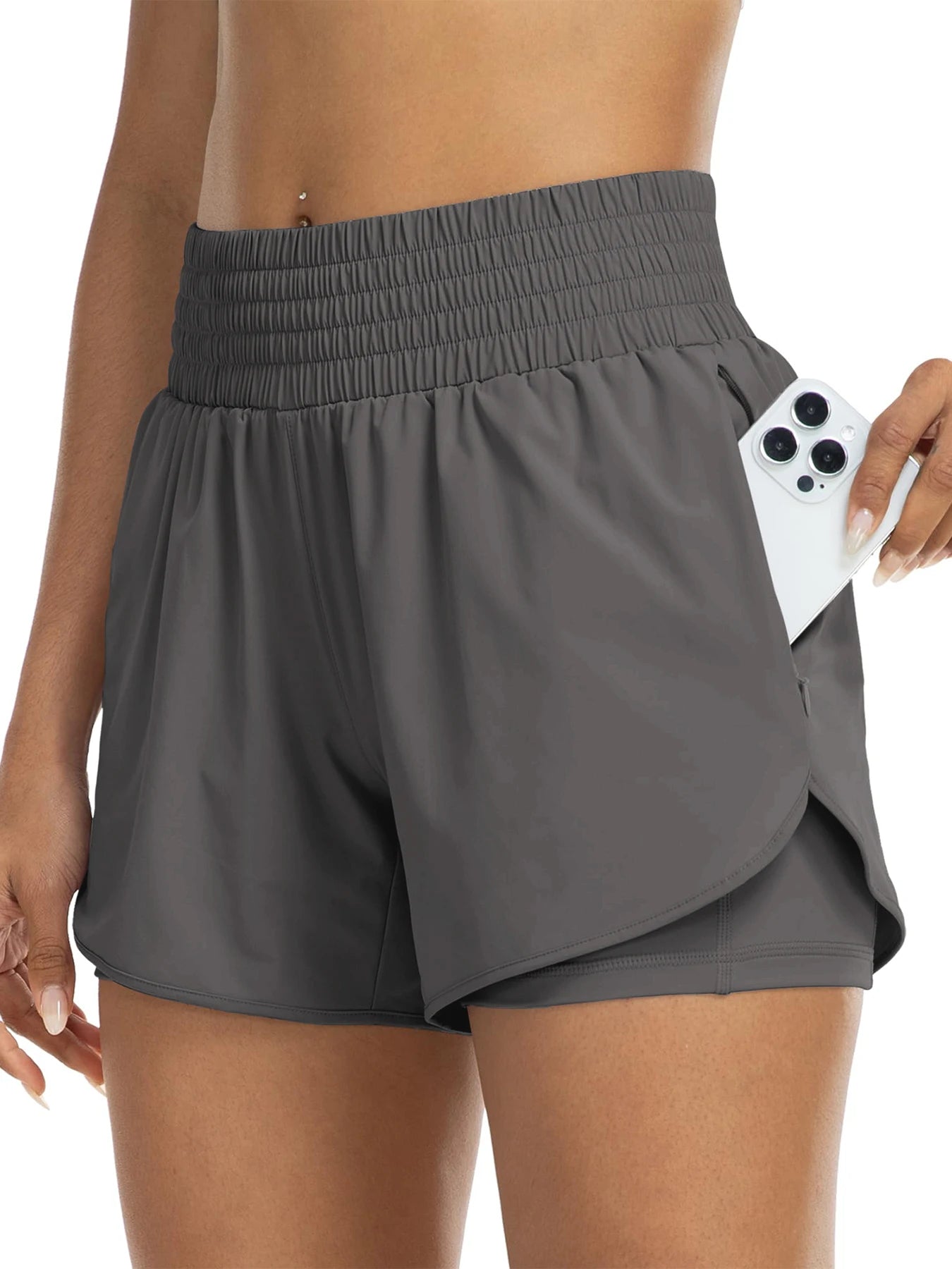 Women's high-waisted athletic shorts for running, yoga, layered design, anti-exposure, fitness, and workout with pockets Tahsi Fashion House