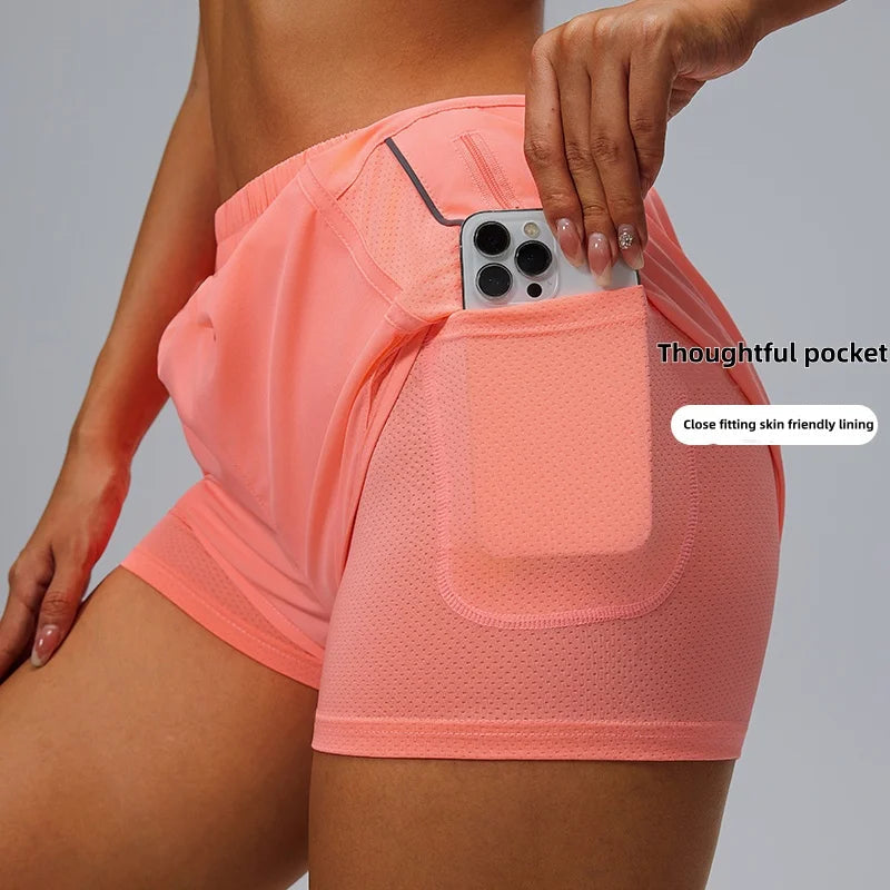 Sports pocket shorts, women's running loose three quarter pants, quick drying lining, anti glare double-layer fitness Tahsi Fashion House