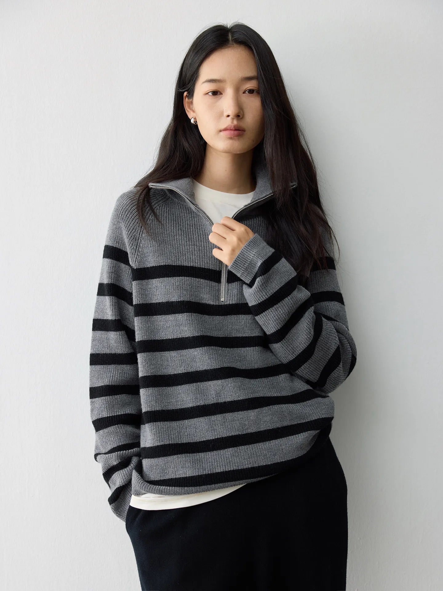 Heavy German BY worsted wool, classic contrasting stripes loose lapel half zip knitted sweater - ATFH