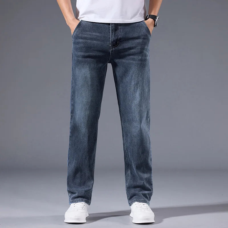Men's loose straight leg jeans retro washed elastic casual pants suitable for all seasons versatile pants ATFH