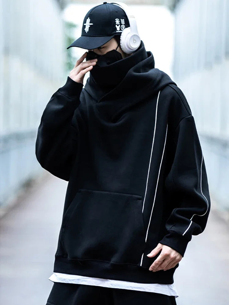 Autumn Men's Windbreaker Turtleneck Hooded Sweatshirts New Japanese Ninja Hoodies Women Line Print Oversized Y2K Vintage Hoodie - ATFH