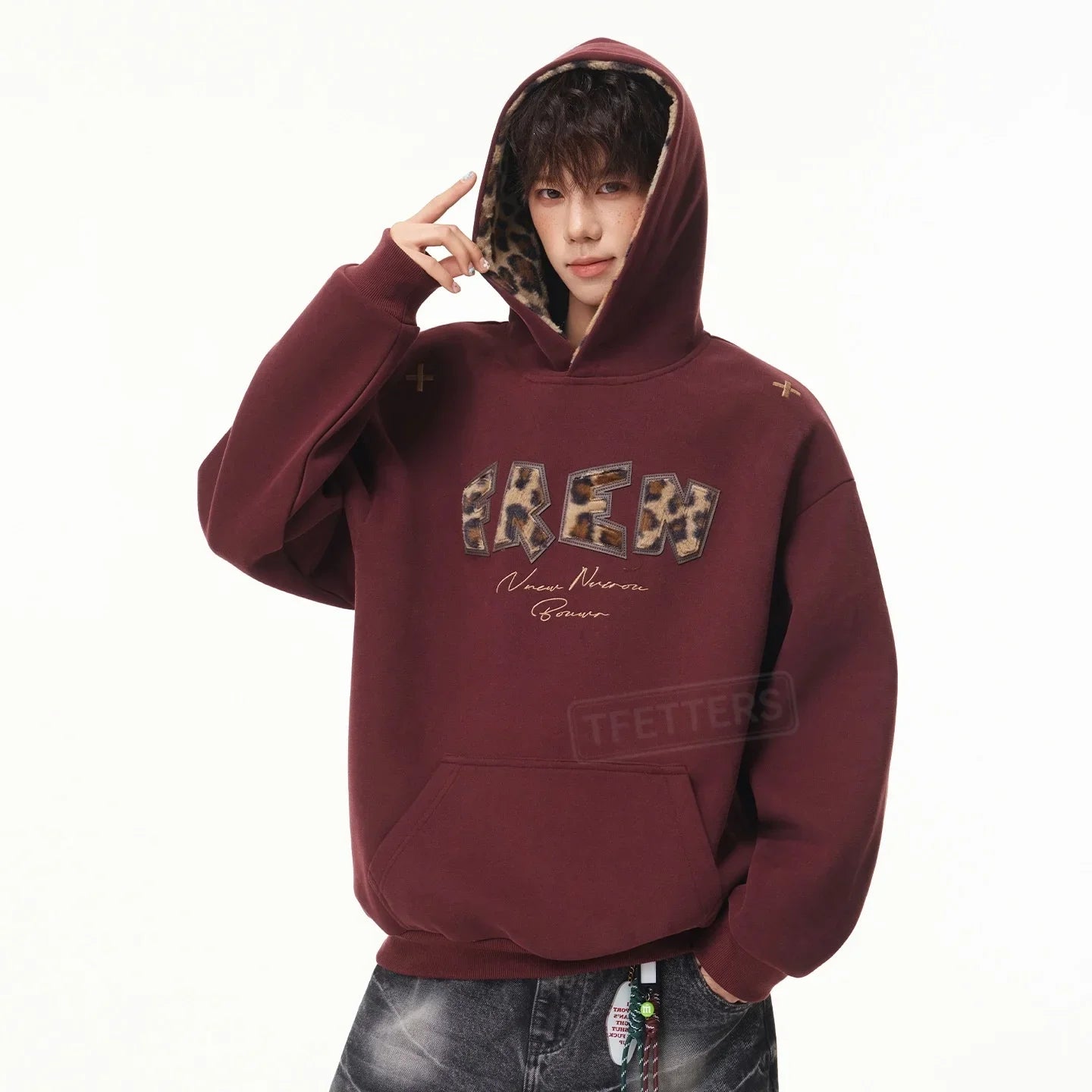 TFETTERS 2026 Autumn Hooded Sweatshirt Men Heavy Weight Leopard Letter Patch Embroidery Inner Hood Splice Loose Streetwear Top