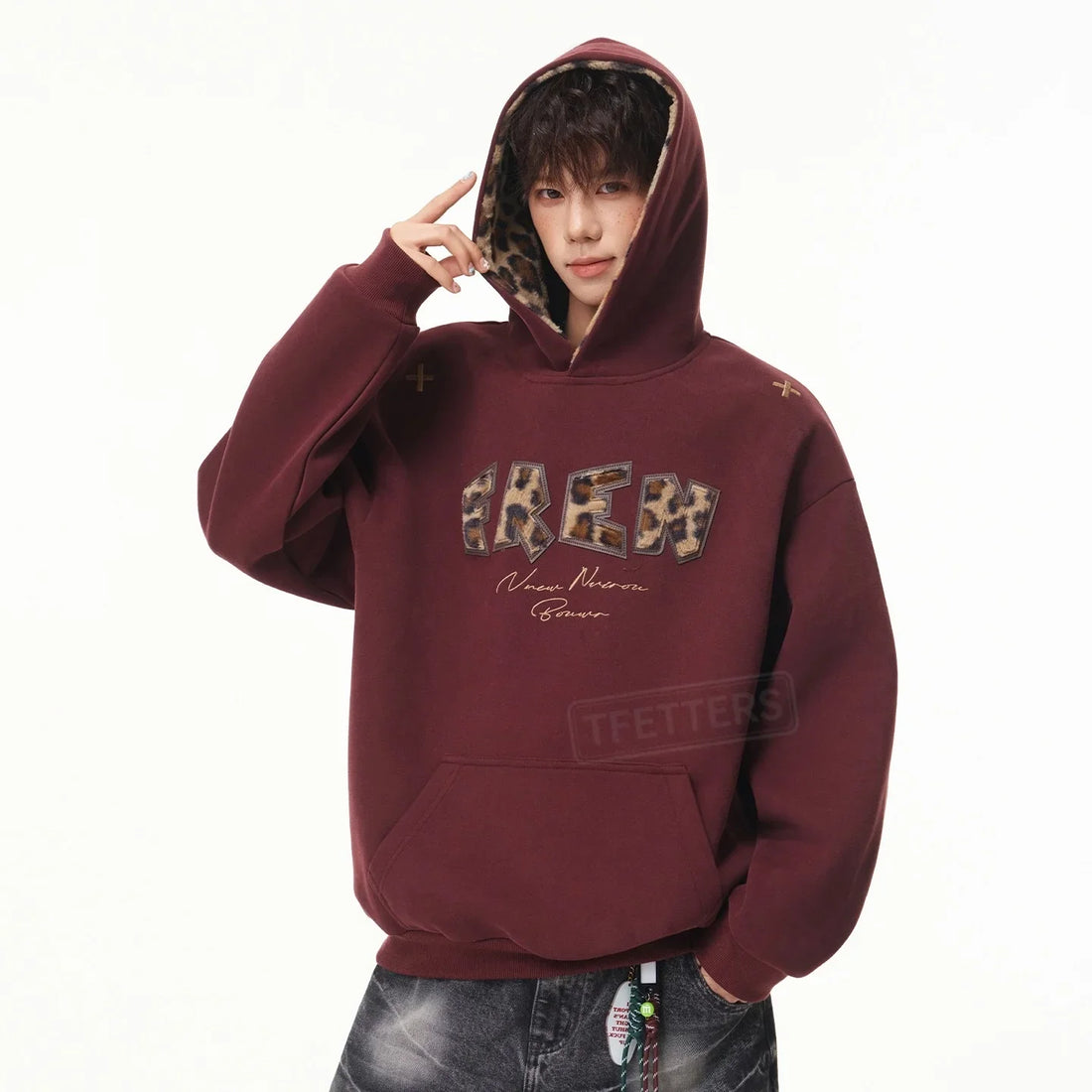 TFETTERS 2026 Autumn Hooded Sweatshirt Men Heavy Weight Leopard Letter Patch Embroidery Inner Hood Splice Loose Streetwear Top